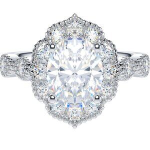 2CT Oval Cut Genuine Moissanite 925  Sterling Silver Milgrain Vintage Halo Ring